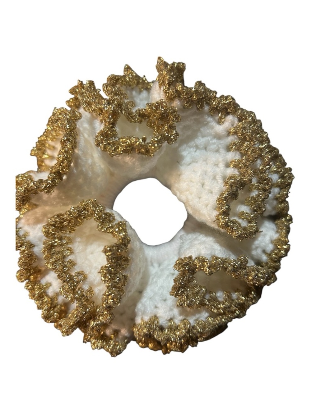 Hand Crafted White and Gold Ruffled Crochet Hair Scrunchie